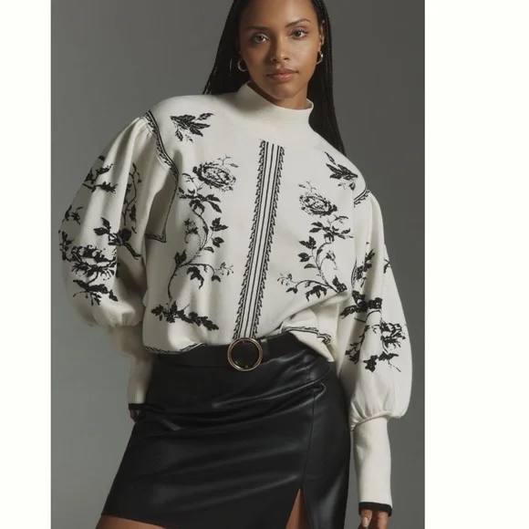 NWT Anthropologie Balloon-Sleeve Embroidered 3D Flowers Turtleneck Sweater - Picture 4 of 17